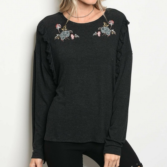 Charcoal Floral Ruffle Top {Mustard Seed} - Picture 2 of 3